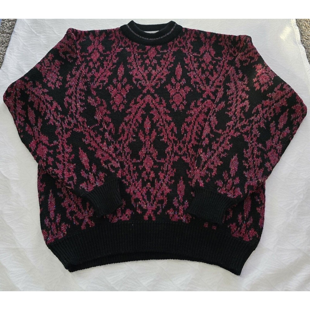 McGregor Crewneck Sweater Mens Large Black Burgundy Damask Vintage Jacquard Knit